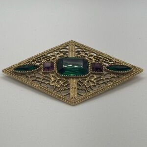 Vintage Gold Filigree Brooch with Green and Purple Stones